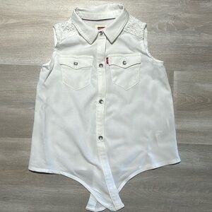 Levi’s: White Tie-Front, Button-up Tank with Lace Detail- Girls size 5-6 years